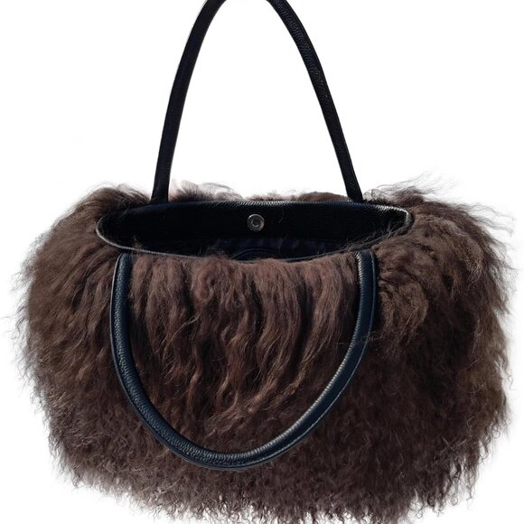 Women Luxury Real Lamb Mongolian Flush Wool Fur With Genuine Leather Handles Han - Picture 9 of 9